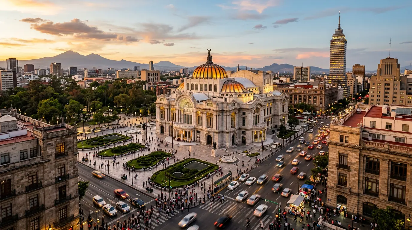 Mexico City skyline at sunset